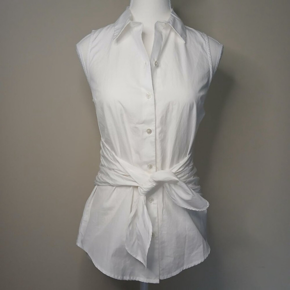 FRAME DENIM Preppy Light Academia Tie Poplin Sleeveless Blouse White Size XS - Picture 2 of 10